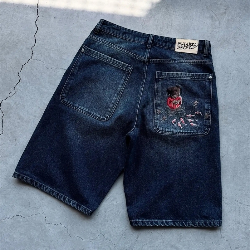 Hip Hop Cartoon Pattern Pocket Embroidery Denim Shorts Y2k Retro Baggy Dark Blue Jeans Short Men Women Street Skateboard Jorts 250827