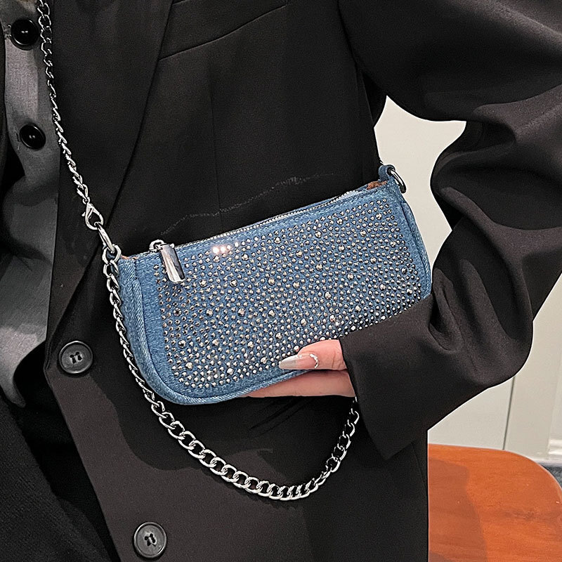 Autumn New Women s Shoulder Bag Fashion New Spicy Girl Rhinestone Decoration Denim Armpit Bag Niche Design Chain Women s Crossbody Bag Autumn New Desi