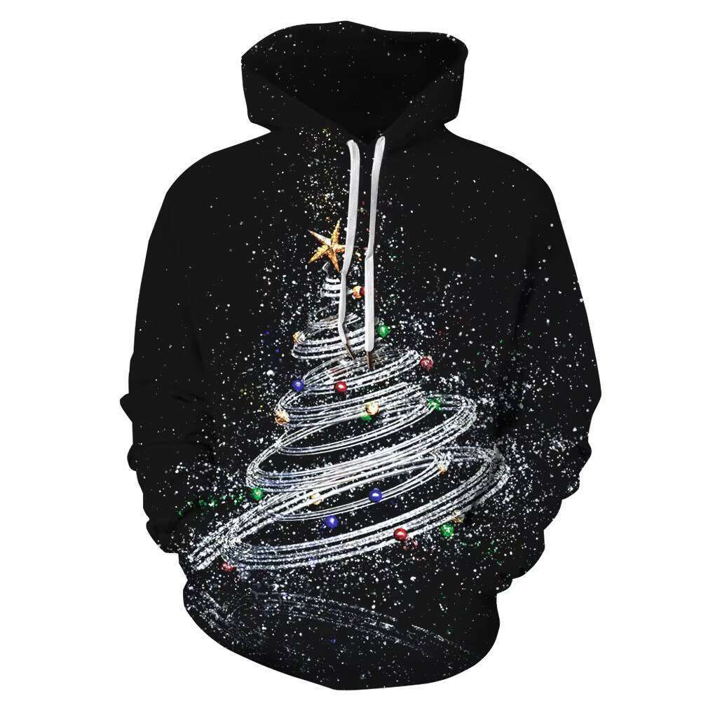 European American Christmas Hoodie for Men New 3D Digital Printing Loose Long-Sleeved Sweatshirt Solid Pattern Hooded Collar