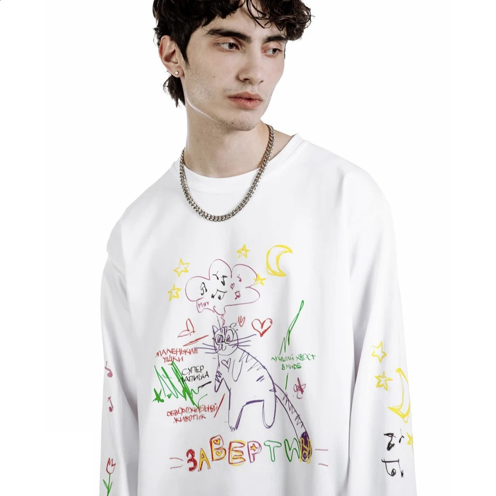 Men TShirt Streetwear Cartoon Oversized Printed Autumn Hip Hop Korean Long Sleeve Y2k Tops Tees Cotton Graphic Unisex Clothing 250903