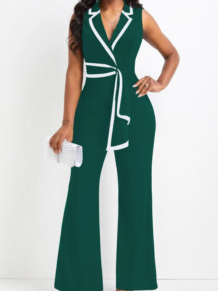 Womens Overalls Outfits Full Length Fashion Summer V Neck Elegant Sleeveless Office Lady Jumpsuit Wide Leg Pants 250827