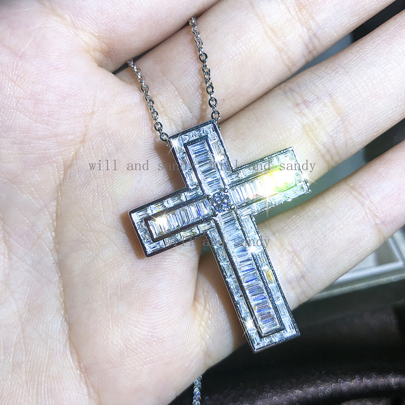 Cubic Zircon Jesus Cross Pendant Necklace Charm Designer Jewelry Chain Sterling Silver Filled Moissanite Crystal Diamond Necklaces for Woman Man Gift 