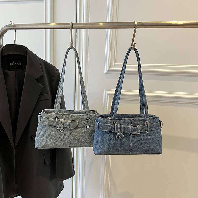 Belt Design Underarm Shoulder Bags For Women Quality Denim Fabric Pure Color Armpit Satchels 2025 Latest Designer Handbag