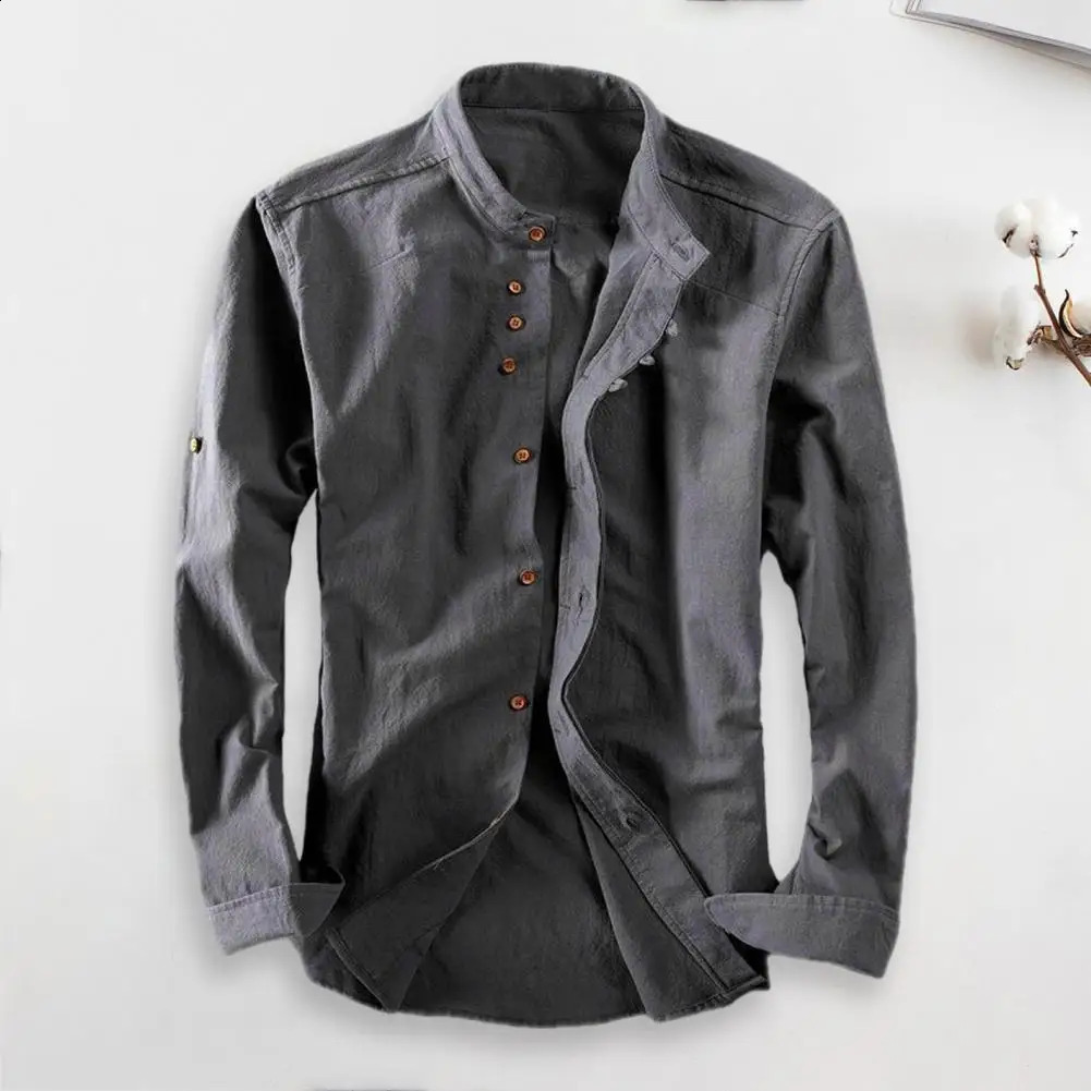 Japan Style Men Cotton Linen Shirt Long Sleeve Slim Fit Singlebreasted Cardigan Shirt Harajuku Stand Collar Men Casual Shirts 250827