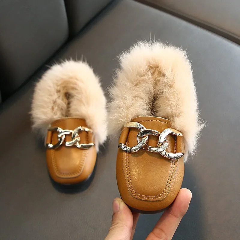 Kids Fur Shoes Children Velvet Baby Girls Warm Flats Toddler Black Princess Loafer Chain Moccasin For Winter 250828