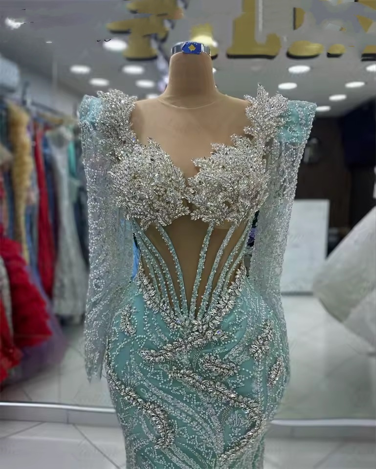 Sage Mermaid Prom Dresses 2025 Crystals Sheer Neck Sequined Sparkly Evening Formal Party Second Birthday Engagement Gowns Plus Size Dress For Special 