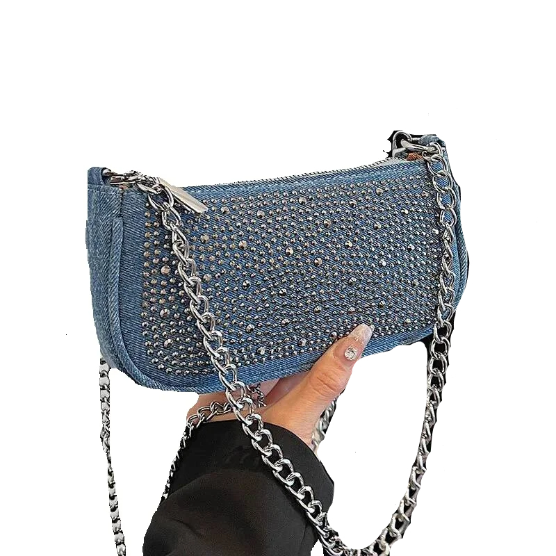 Autumn New Women s Shoulder Bag Fashion New Spicy Girl Rhinestone Decoration Denim Armpit Bag Niche Design Chain Women s Crossbody Bag Autumn New Desi