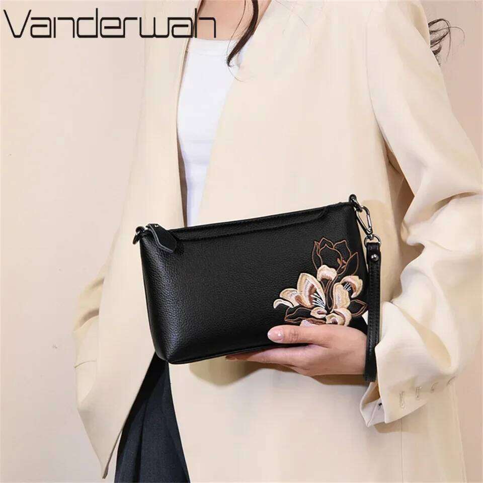 Elegant Black Leather Crossbody With Floral Embroidery Compact Versatile Shoulder Bag For Women Blend Of Style And Function