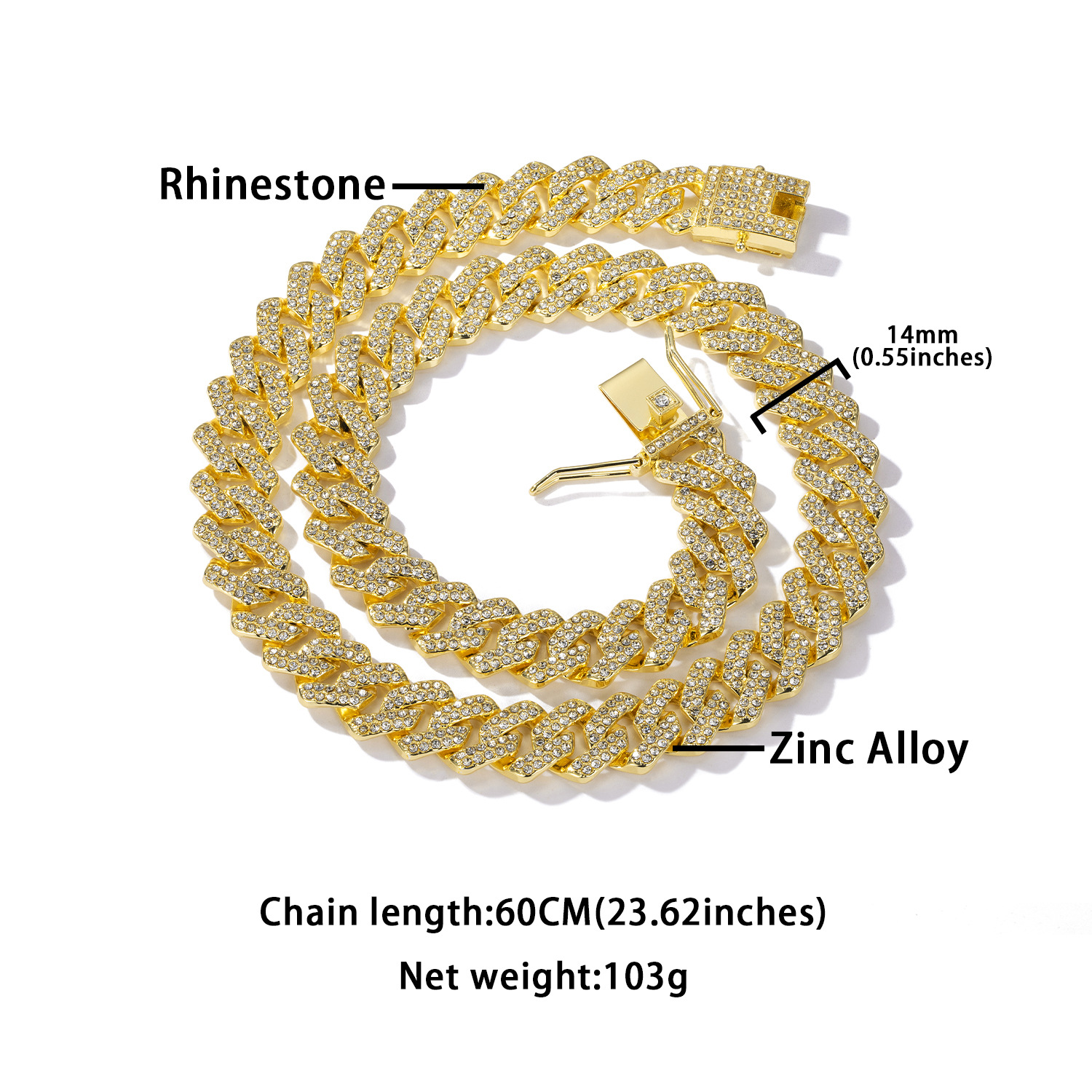 Diamond Cuban Chain, Silver Zinc Alloy, European and American Hip Hop Style Necklace, Single Row Punk Chain, Men's and Women's Design, Neck 