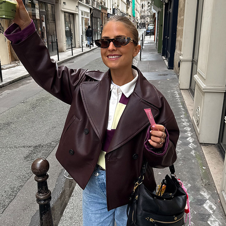 Fashion Double Breasted Burgundy Color Leather Jackets Women Chic Cropped Oversized Solid Coats Lady High Streetwear 241106