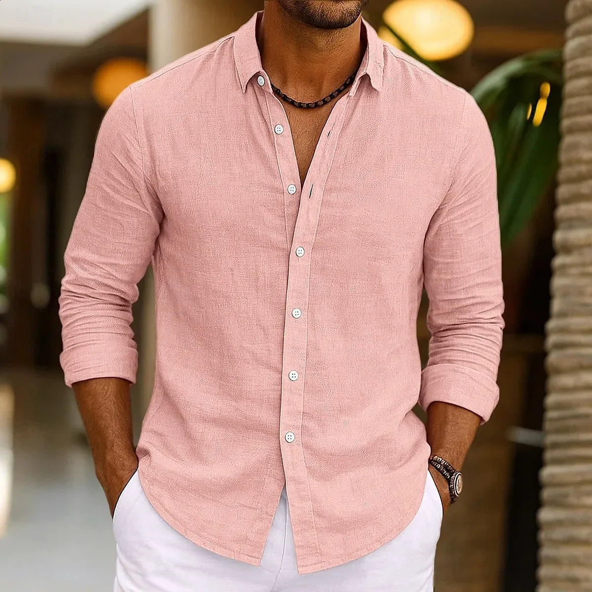 Mens Linen Shirt Summer Beachwear Button Solid Color Cotton Linen Long Sleeve Shirt Vacation Mens Clothing Fast 250827