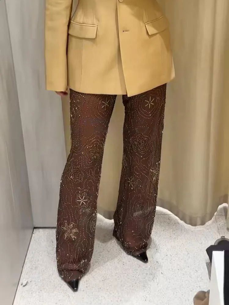2025 Bead Splicing Sequin Womens Pants Chic Snowflake Straight Thin See Through Trousers Lady Summer Vacation Streetwear 250828