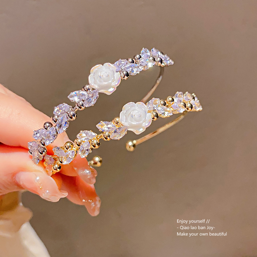 Gold - Toned Floral Cuff Bracelet, CZ - Sparkled Leaves, White Resin Rose, Romantic - Dainty Vibe for Daily or Elegant Looks, Graceful Jewelry Accesso