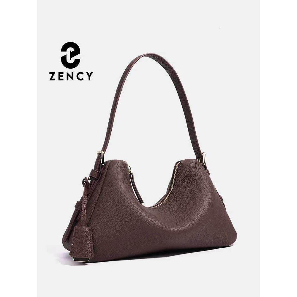 Zency Genuine Leather Satchel Bags For Women Simple Fashion Ladies Underarm Handbag Large Capacity Shoulder Purse Elegant Coffee