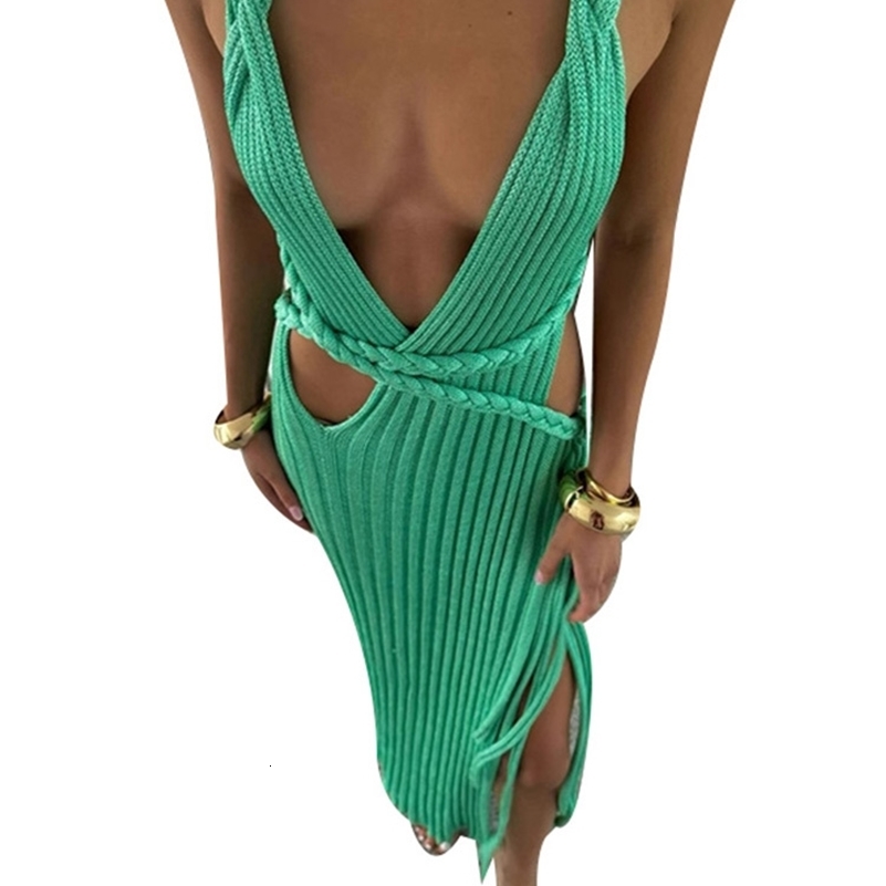 Sexy Knit High Slit Backless Long Dress Women Green Ribbed Hollow Vneck Dresses Female 2025 Summer Lady Beach Party Robes 250828