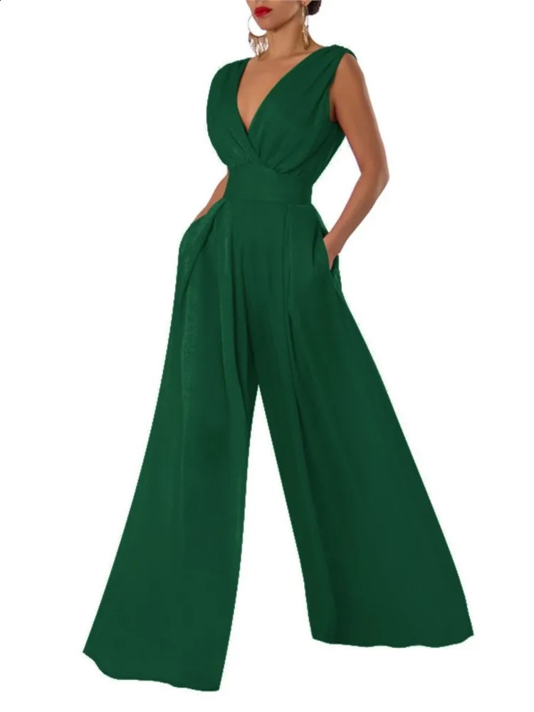 Jumpsuit Women Summer Sleeveless Sexy Deep Vneck Solid Color High Waist Wide Leg Jumpsuits Elegant Commuting Lady Playsuits 250827