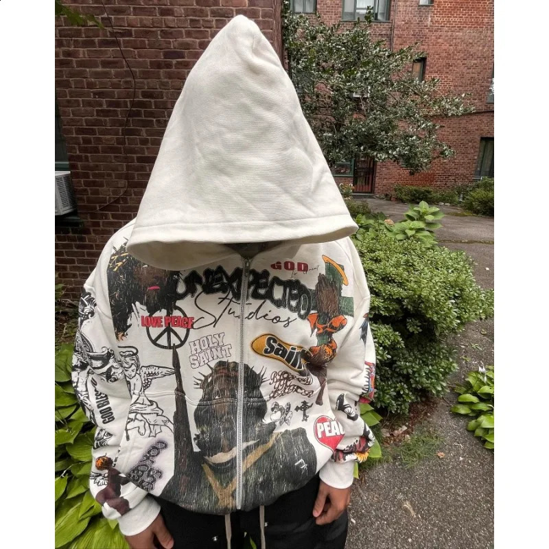 Y2K geometric pattern letter print street hiphop zipper hoodie for men 2024 versatile autumn and winter warm sweatshirt250828