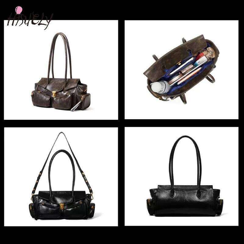 Vintage Underarm Bags For Women Versatile Multi-Pocket Motorcycle Girl Designer Handbag Spaghetti Strap Leather Bag