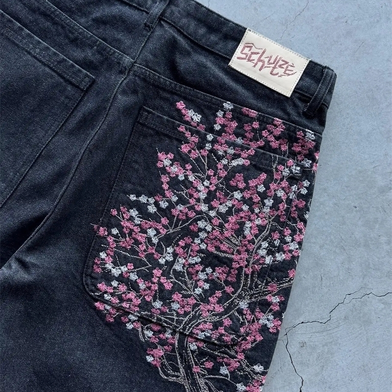 Hip Hop Cartoon Pattern Pocket Embroidery Denim Shorts Y2k Retro Baggy Dark Blue Jeans Short Men Women Street Skateboard Jorts 250827
