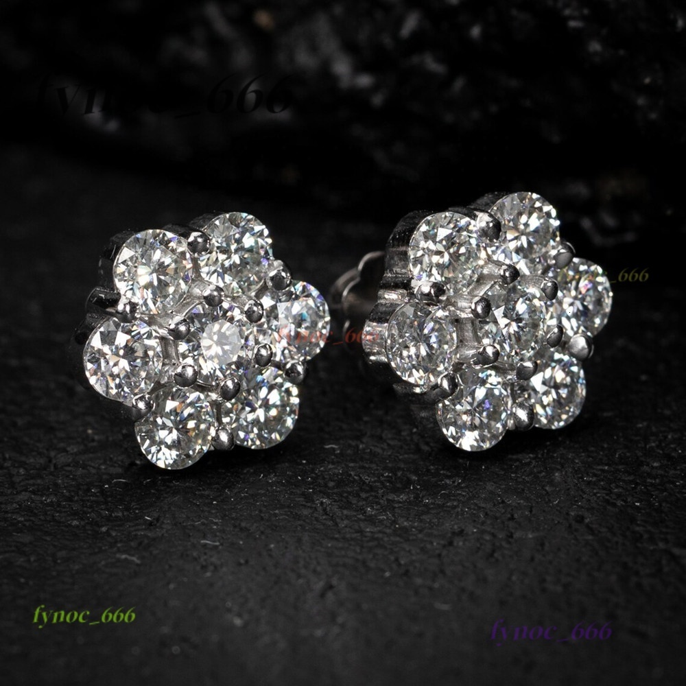 Ready to Ship GRA Hip Hop Stud Earrings Moissanite Men Earrings 925 Sterling Silver Cluster Flower 7mm Moissanite Rings