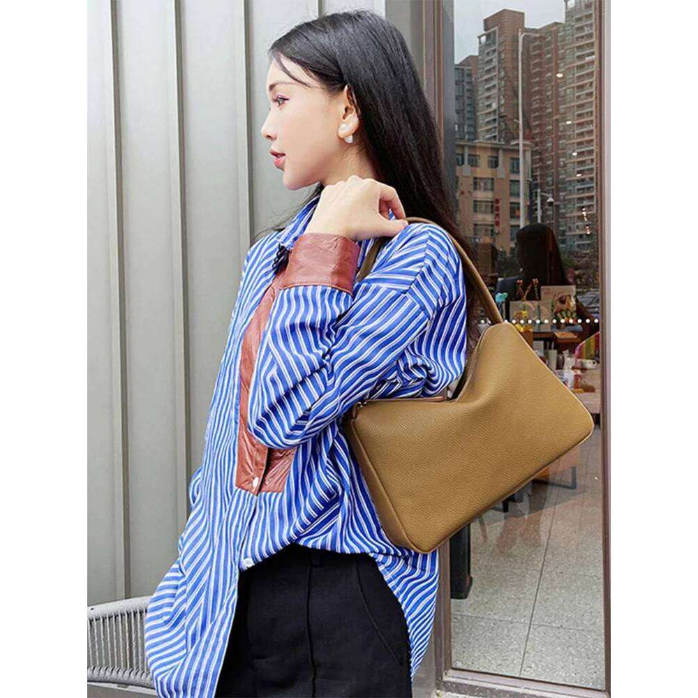 Zency Elegant Genuine Leather Top-Handle For Women Simple Shoulder Handbag Ladies Underarm Bag Beige Brown Top Zipper