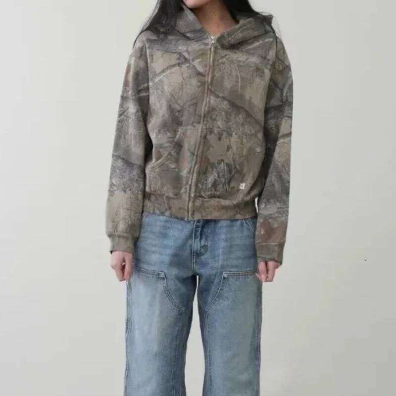 Y2k Haruku Men And Sportswear Hip-Hop Street Fashion Women Camouflage Pattern Zippered Zip Up Hoodie Sweatshirt