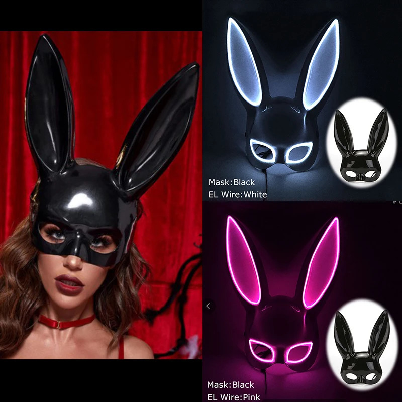 Sexy Rabbit Black Mask Luminous Half Face cute bunny mask for man women Bar Nightclub Waiter costume 250820