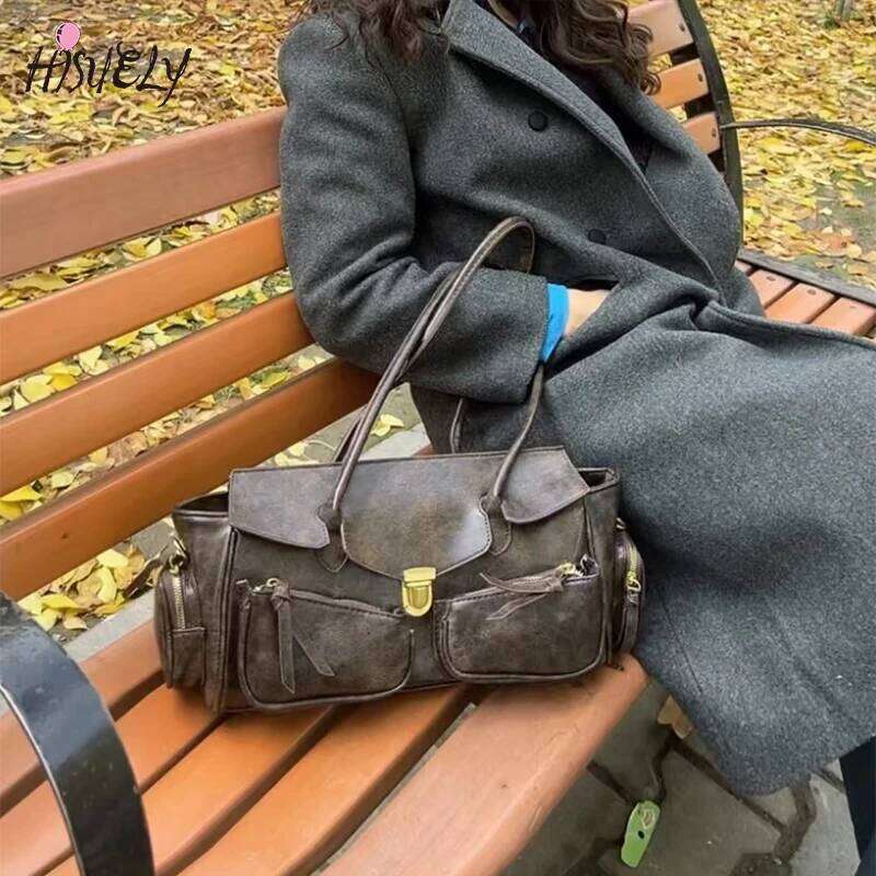 Vintage Underarm Bags For Women Versatile Multi-Pocket Motorcycle Girl Designer Handbag Spaghetti Strap Leather Bag