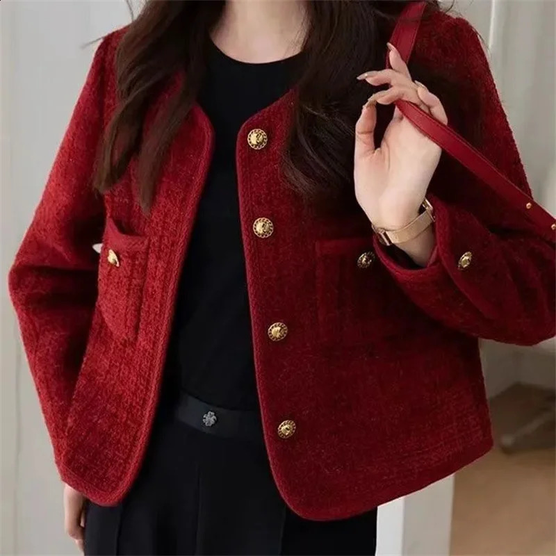 Womens Jacket 2024 Spring Autumn Red Tweed Small Fragrance Coat Short Blazers Korean Fashion Elegant Female Tops Outerwear 250827