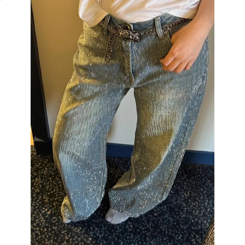 Glitter Rhinestone Baggy Jeans Women Summer Vintage Wash High Waist Straight Wide Leg Pants Nightclub Festival Y2k Clothes 250827
