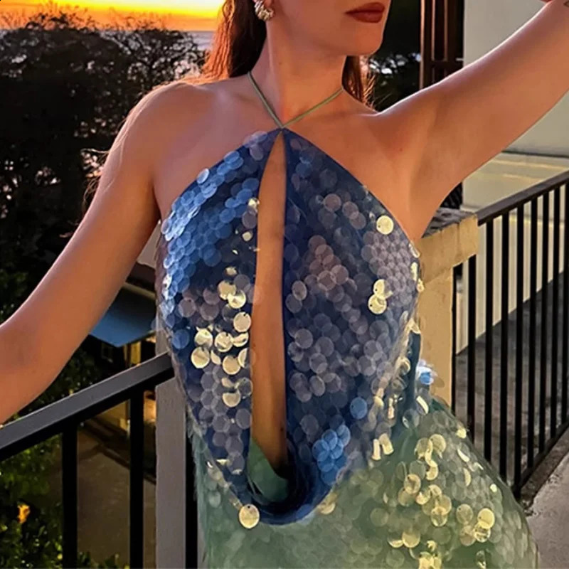 Women Sequin Sparkly Mini Dress Sexy Hollow Out Backless Y2K Halter Neck Dress Glitter Party Club Bodycon Dresses Vestido 250827