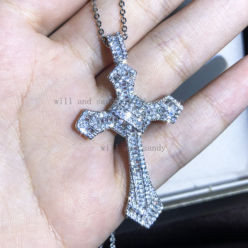 Cubic Zircon Jesus Cross Pendant Necklace Charm Designer Jewelry Chain Sterling Silver Filled Moissanite Crystal Diamond Necklaces for Woman Man Gift 
