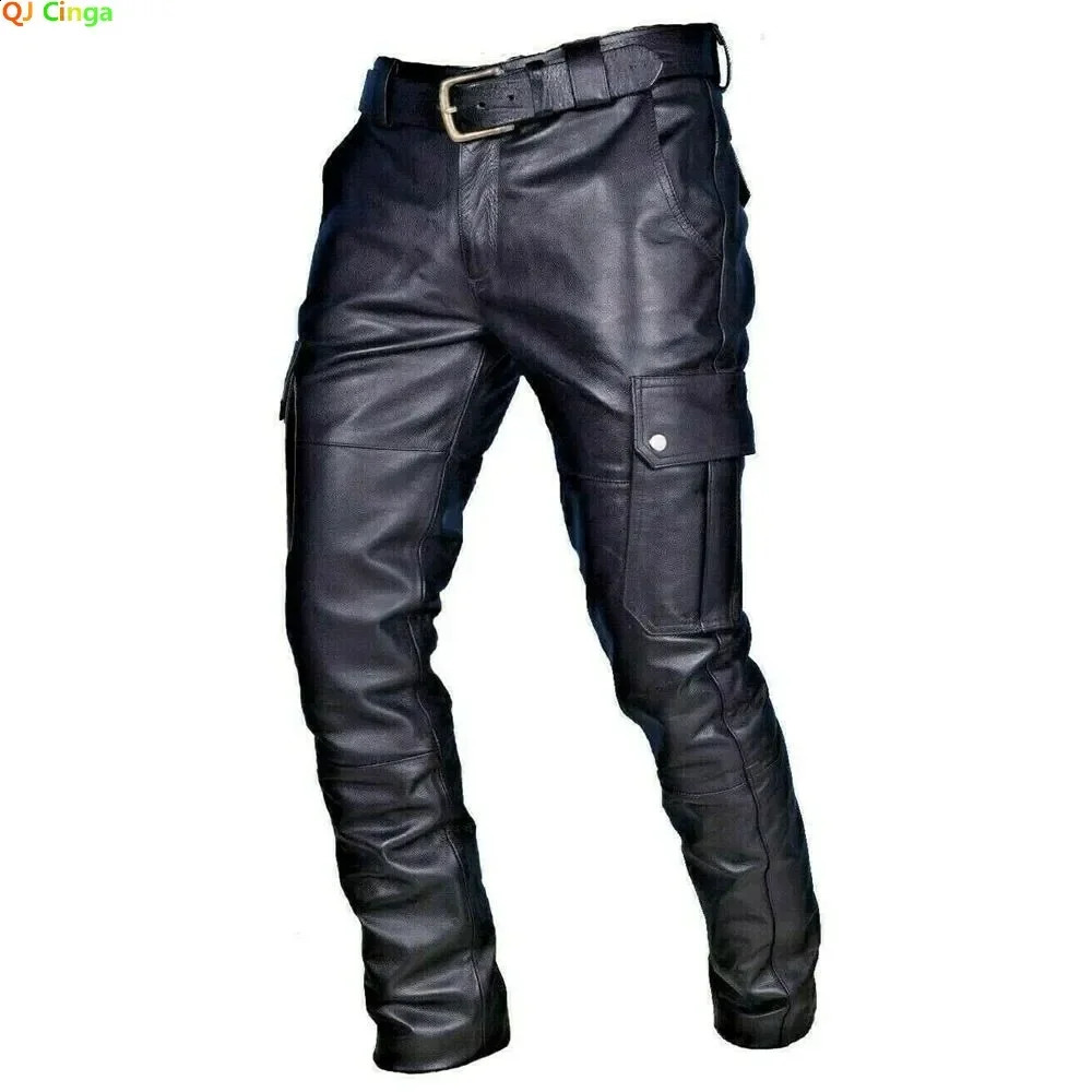 Mens Leather Motorcycle Pants with Cargo Pockets Black PU Pants No Belt Men Trousers Big Size S5XL 250827