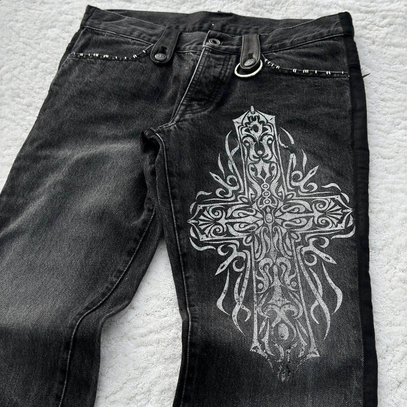 Y2K Black Washed Denim Pants Vintage Cross Leather Detail Micro Flared Jeans Punk High Street Western Cowboy Unisex Streetwear250828