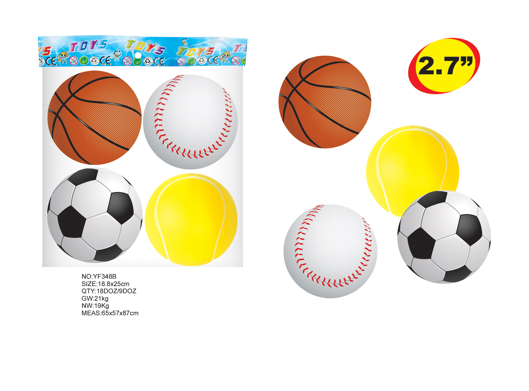 2.7 - Inch PU Ball Set - Includes Basketball, Soccer Ball, Tennis Ball & Baseball for Kids' Play