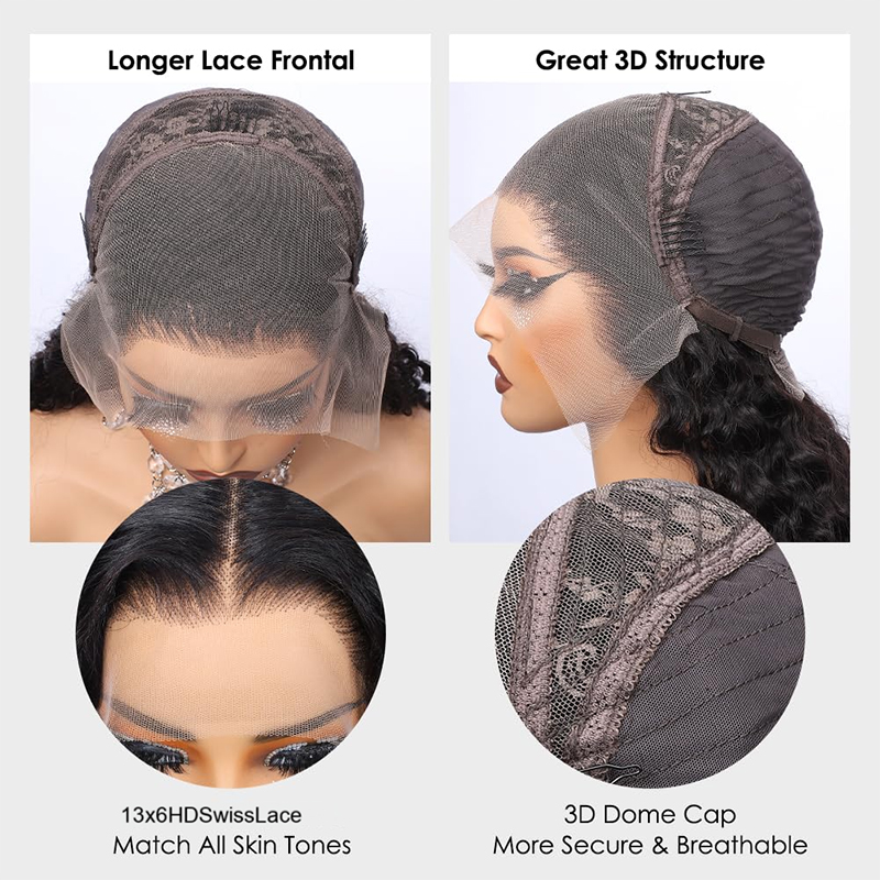 Eulisi 13x6 HD Transparent Lace Front Wigs for Human Hair Pre Plucked Water Wave Natural Black Curly Lace Front Wig With Free Part Natural Black Color