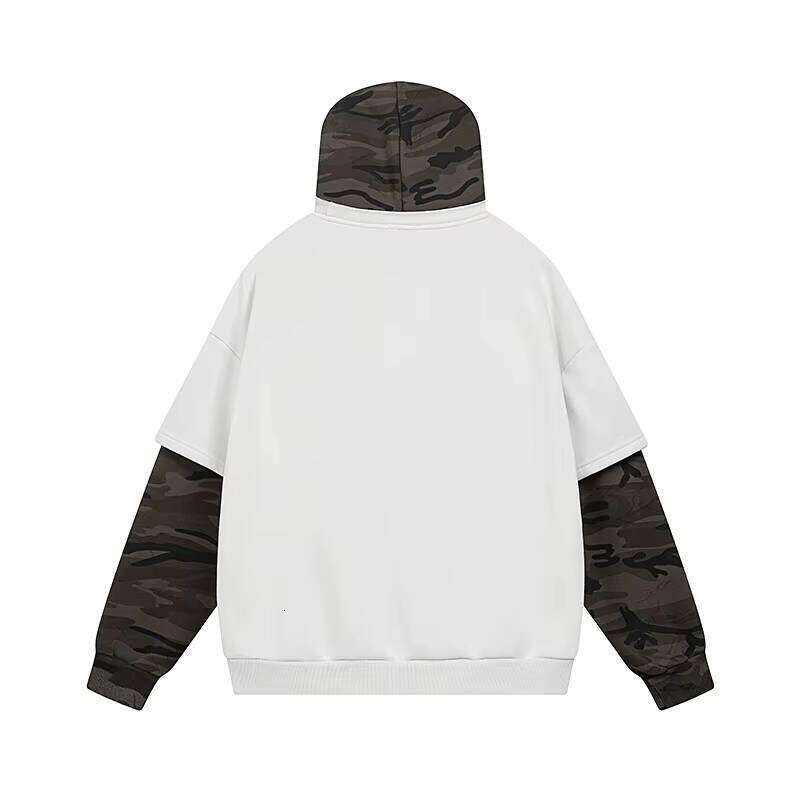 Autumn Winter Men's Retro Style Two-Piece Spliced Camouflage Fleece Hoodies Embroidered Loose Pullover Letter Sweatshirts