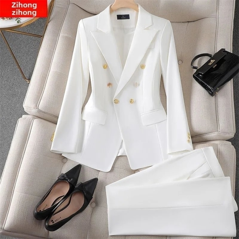 Elegant Womens Fashionable White WesternStyle Suit Zihongsuitsuit HighEnd Business Attire LongPants Set For Special Occasion 250828