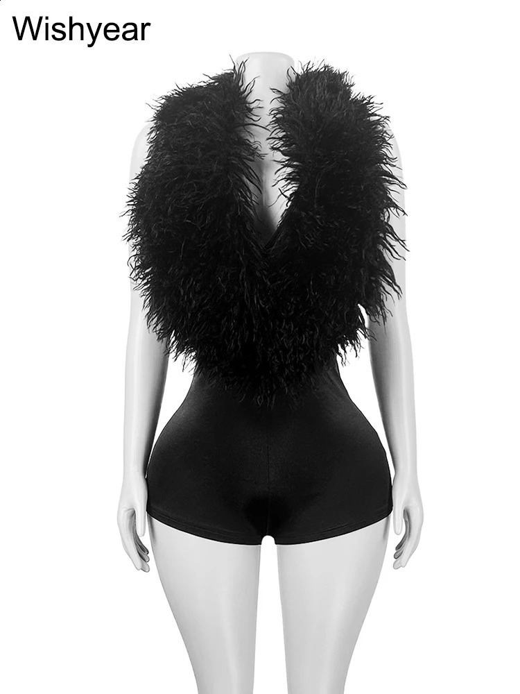 Fashion White Fluffy Backless Halter Faux Fur Short Jumpsuit Summer Sleeveless Playsuits s Party Night Clubwear 250827
