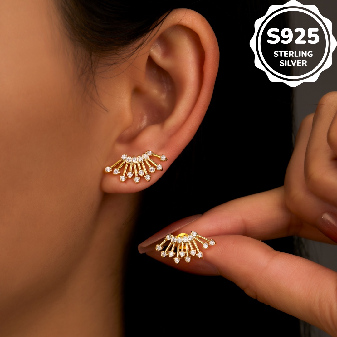 MT 925 Sterling Silver Cubic Zirconia Half Sun Stud Earrings for Women, 18K Gold Plated Sunshine Hypoallergenic Earring Fashion Jewelry