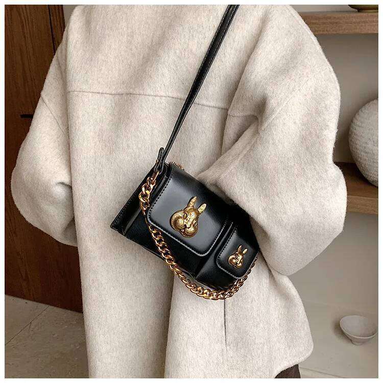 Brand Designer PU Leather Women's Shoulder Retro Chain Metal Rabbit Crossbody Bag Flap Handbag