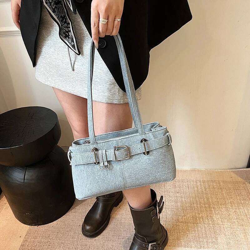 Belt Design Underarm Shoulder Bags For Women Quality Denim Fabric Pure Color Armpit Satchels 2025 Latest Designer Handbag