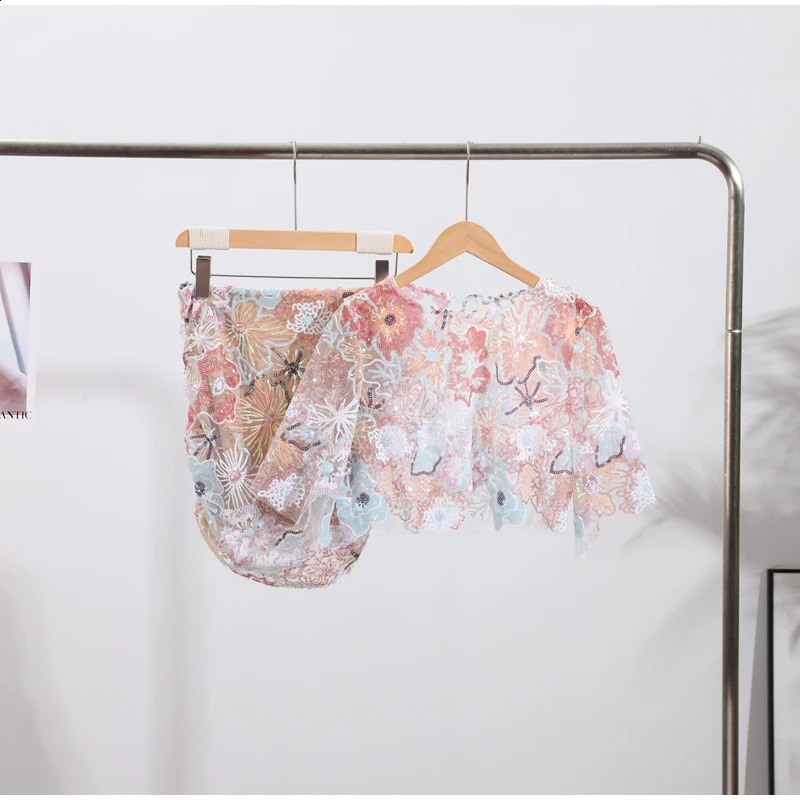 Sparkly Sequin Maxi Skirts Suits Set Lace Sheer Crop Top Long Skirt 2Piece Glitter Floral Pattern Evening Party Women Outfit 250827