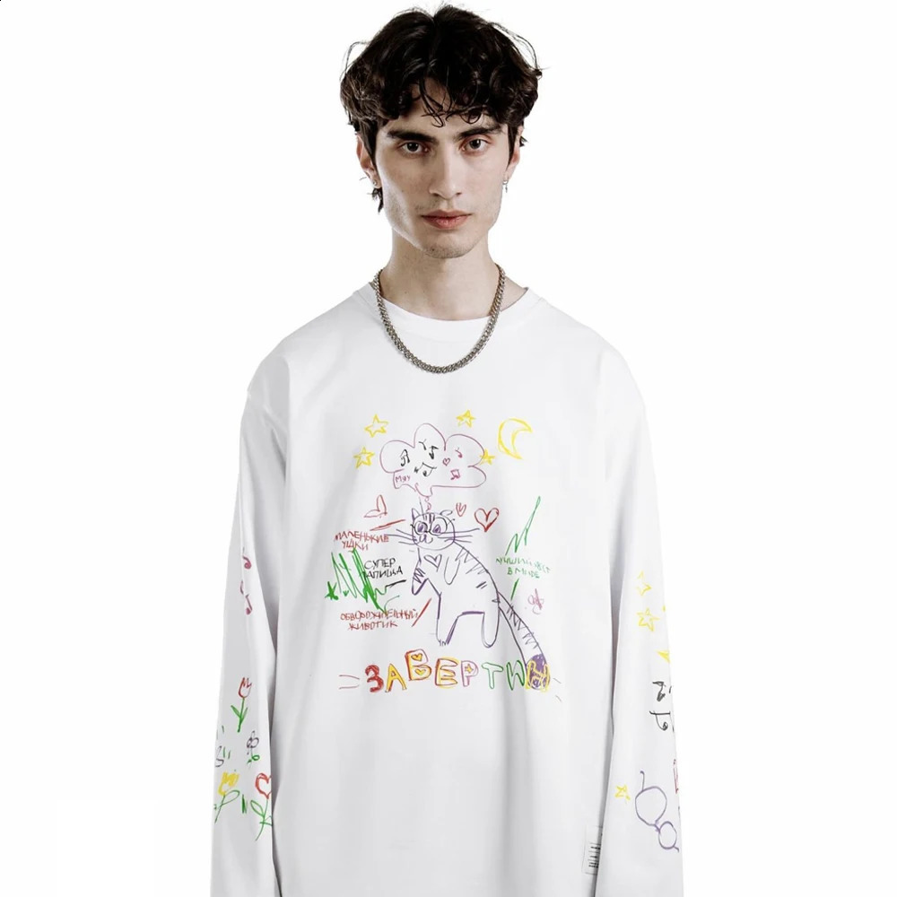 Men TShirt Streetwear Cartoon Oversized Printed Autumn Hip Hop Korean Long Sleeve Y2k Tops Tees Cotton Graphic Unisex Clothing 250903