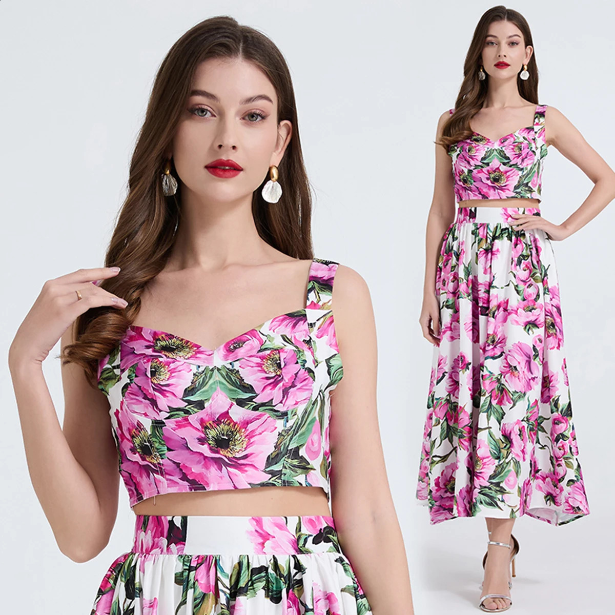 Casual Sicilian Rose 2 Piece Sets Women Summer Holiday Bohemian Beach Floral Long Dresses Crop Tops Maxi Skirts Suits Outfits 250827