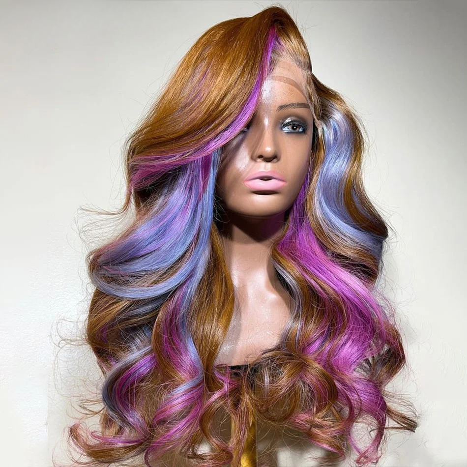 Body Wave Lace Frontal Wig Ombre Human Hair Wigs 200% Brown Purple Pink Highlight 13x4 Wavy Lace Front Wig Ready To Wear Glueless Wig Synthetic