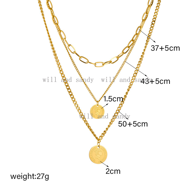 18K Gold Portrait Coin Necklace Pendant Designer Stainless Steel Gold Chain Queen Necklaces Multilayer Stacking Collar Woman Fashion Luxury Jewelry Gi