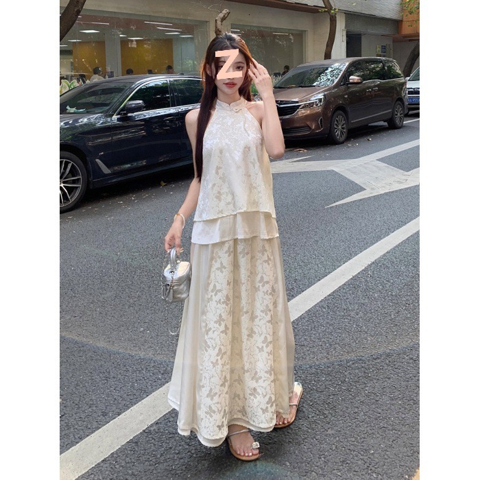New Chinese Style National Style Cheongsam Cool Zen Style Outfit Set Halter Neck Top Half Skirt Set for Women Summer