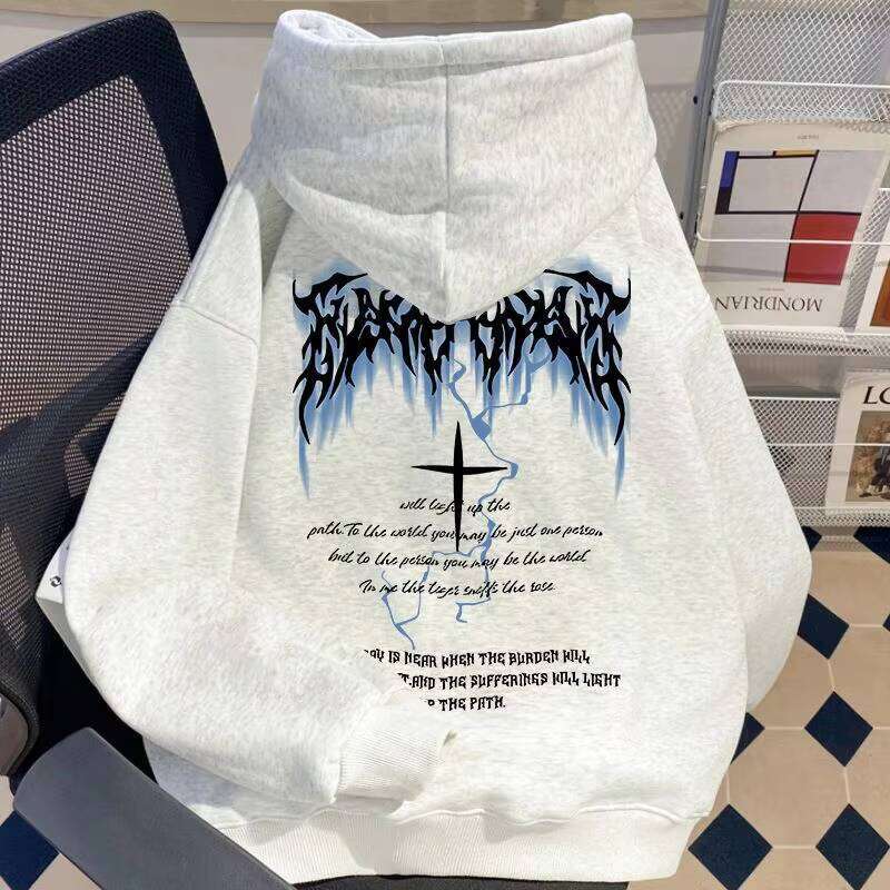 High Street Fashion Men's Hooded Sweatshirt American Brand's Lighing Cross Printed Cotton Loose Fit Winter Hoodie