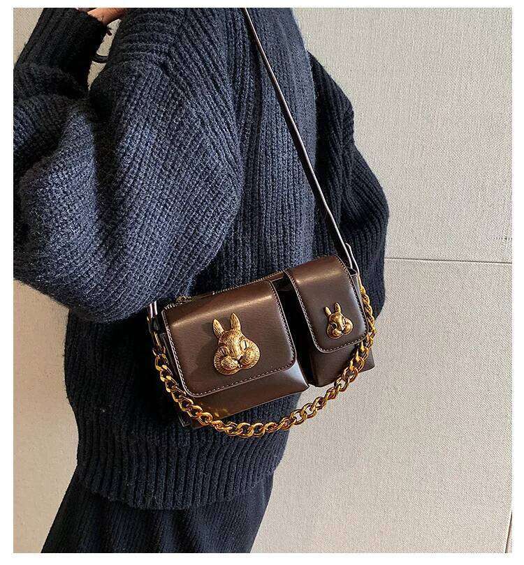 Brand Designer PU Leather Women's Shoulder Retro Chain Metal Rabbit Crossbody Bag Flap Handbag